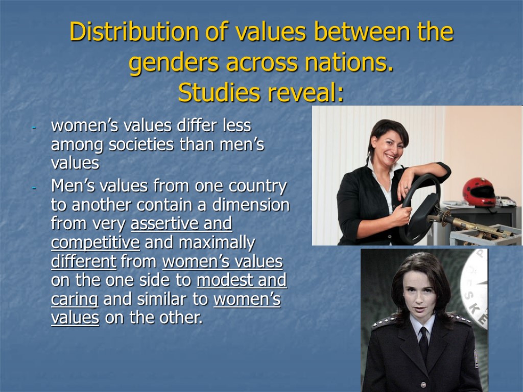 Distribution of values between the genders across nations. Studies reveal: women’s values differ less